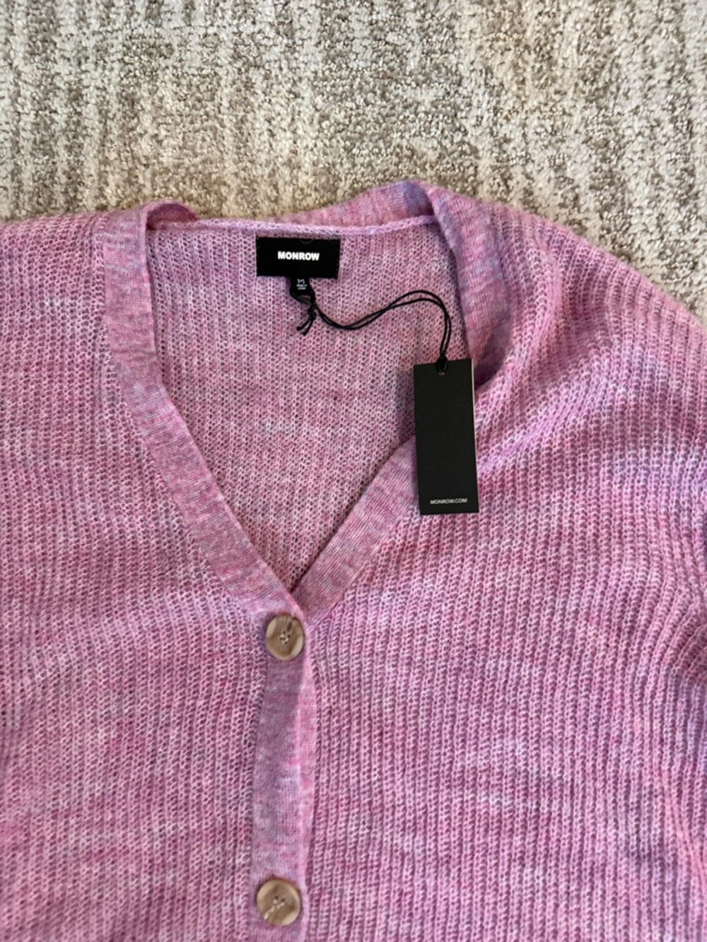 Monrow Rose Pink V-Neck Ribbed Button Cardigan - Picture 2 of 5